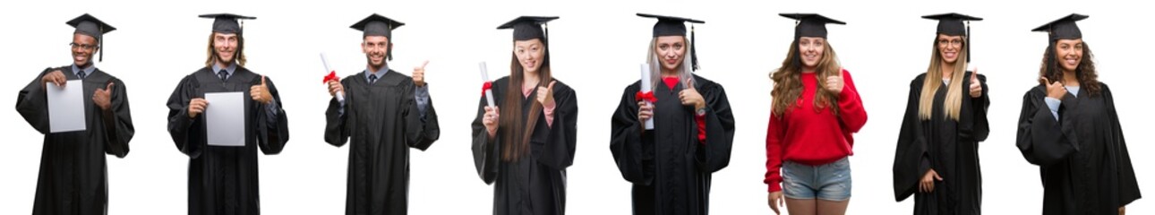 Collage of group of young student people wearing univerty graduated uniform over isolated background happy with big smile doing ok sign, thumb up with fingers, excellent sign