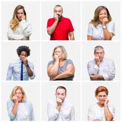 Collage of group of young, middle age and senior people over isolated background looking stressed and nervous with hands on mouth biting nails. Anxiety problem.