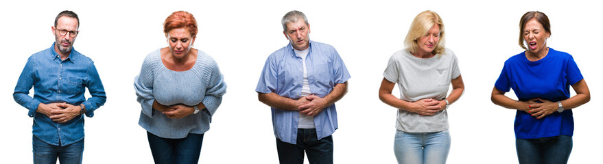 Collage of group of middle age and senior people over isolated background with hand on stomach...