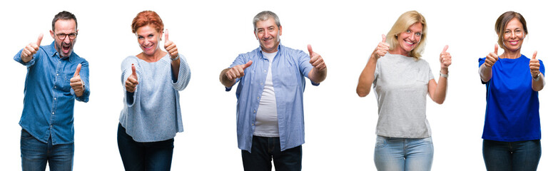 Collage of group of middle age and senior people over isolated background approving doing positive...