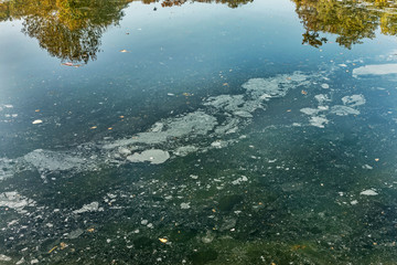 Dirty oil stains on the surface of the lake water polluted as a result of run-off of waste industrial water. Spot oil after washing the car near the lake. Ecological problem.