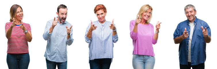 Collage of group of middle age and senior people over isolated background pointing fingers to...