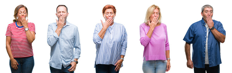 Collage of group of middle age and senior people over isolated background bored yawning tired covering mouth with hand. Restless and sleepiness.