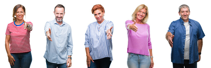 Collage of group of middle age and senior people over isolated background smiling friendly offering handshake as greeting and welcoming. Successful business.
