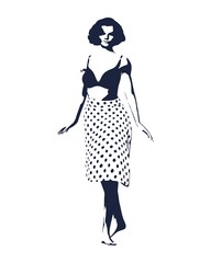 Sexy woman silhouette in dress textured by polka dot pattern. Walking lady