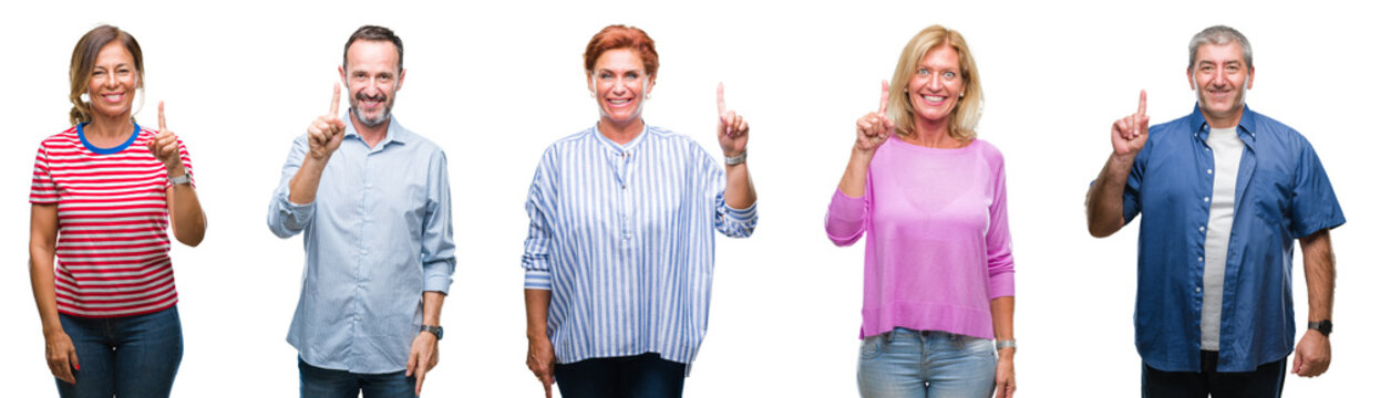 Collage Of Group Of Middle Age And Senior People Over Isolated Background Showing And Pointing Up With Finger Number One While Smiling Confident And Happy.