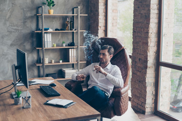 I need weekend. Lifestyle concept. Man in formal wear sitting in