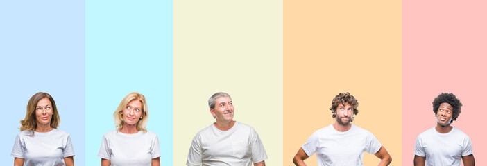 Collage of group of young and middle age people wearing white t-shirt over color isolated background smiling looking side and staring away thinking.