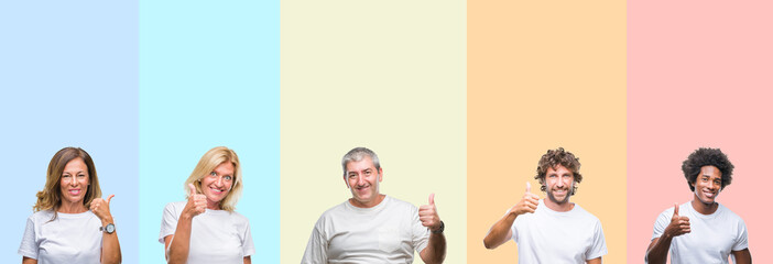 Collage of group of young and middle age people wearing white t-shirt over color isolated background doing happy thumbs up gesture with hand. Approving expression looking at the camera