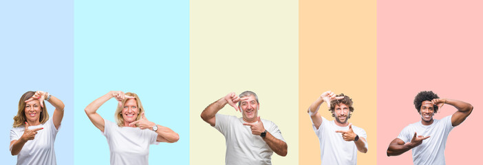 Collage of group of young and middle age people wearing white t-shirt over color isolated background smiling making frame with hands and fingers with happy face. Creativity and photography concept.