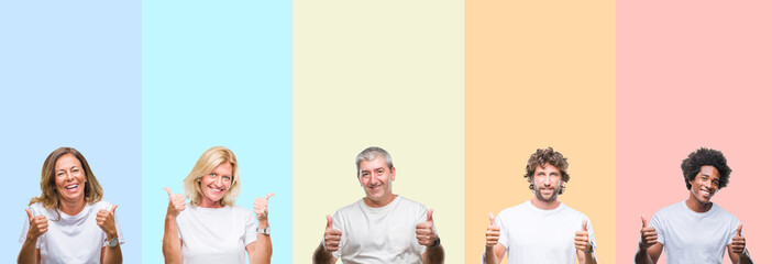 Collage of group of young and middle age people wearing white t-shirt over color isolated background success sign doing positive gesture with hand, thumbs up smiling and happy. Looking at the camera