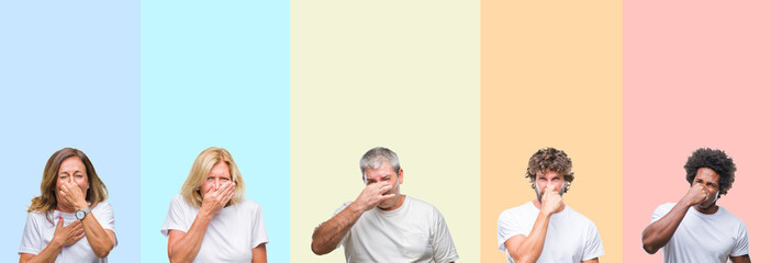 Collage of group of young and middle age people wearing white t-shirt over color isolated background smelling something stinky and disgusting, intolerable smell, holding breath with fingers on nose