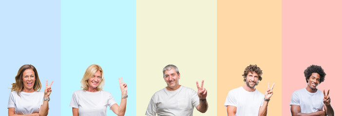Collage of group of young and middle age people wearing white t-shirt over color isolated background smiling with happy face winking at the camera doing victory sign. Number two.