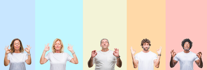 Collage of group of young and middle age people wearing white t-shirt over color isolated background relax and smiling with eyes closed doing meditation gesture with fingers. Yoga concept.