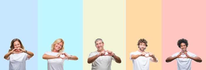 Collage of group of young and middle age people wearing white t-shirt over color isolated background smiling in love showing heart symbol and shape with hands. Romantic concept.