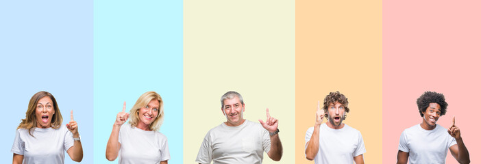 Collage of group of young and middle age people wearing white t-shirt over color isolated background pointing finger up with successful idea. Exited and happy. Number one.