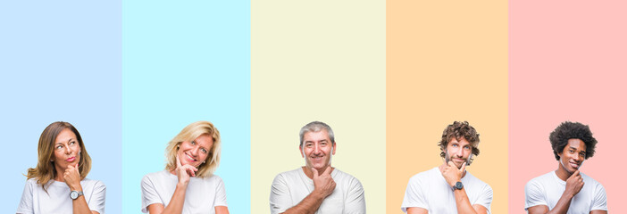 Collage of group of young and middle age people wearing white t-shirt over color isolated background looking confident at the camera with smile with crossed arms and hand raised on chin. Thinking