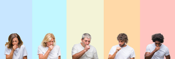 Collage of group of young and middle age people wearing white t-shirt over color isolated...