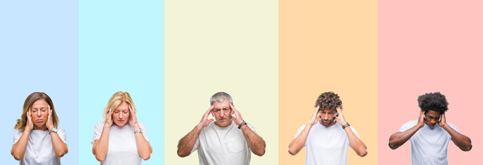 Collage of group of young and middle age people wearing white t-shirt over color isolated background with hand on head for pain in head because stress. Suffering migraine.