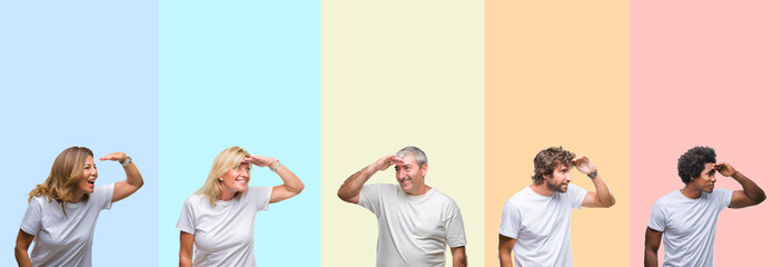 Collage of group of young and middle age people wearing white t-shirt over color isolated...