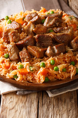 Delicious Mexican rice with vegetables served with spicy pork close-up on a plate. vertical