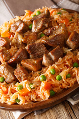 Mexican spicy rice with fried pork close-up. vertical