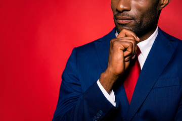 Cropped half face portrait of serious well-groomed attractive ha