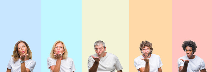 Collage of group of young and middle age people wearing white t-shirt over color isolated background looking at the camera blowing a kiss with hand on air being lovely and sexy. Love expression. - Powered by Adobe