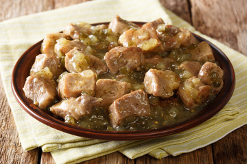 Pork slowly stews with jalapenos, onion, green verde sauce and spices in this flavor-packed Mexican dish closeup on a plate. Horizontal