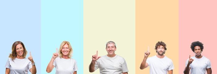 Collage of group of young and middle age people wearing white t-shirt over color isolated background showing and pointing up with finger number one while smiling confident and happy.