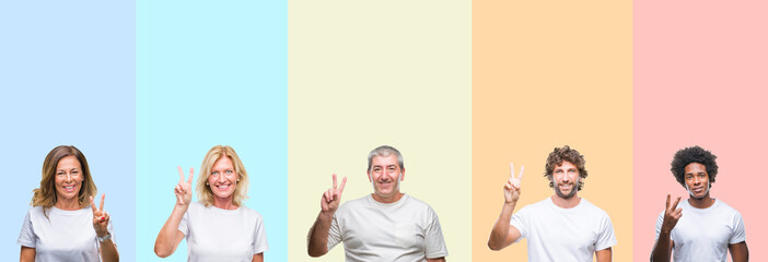 Collage of group of young and middle age people wearing white t-shirt over color isolated background showing and pointing up with fingers number two while smiling confident and happy.