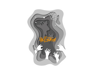 Paper cut Halloween backgrounds. Zombie hands template party invitation. Trendy vector illustration.