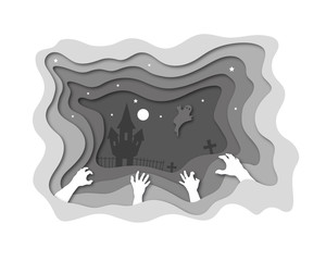 Paper cut Halloween backgrounds. Zombie hands template party invitation. Trendy vector illustration.