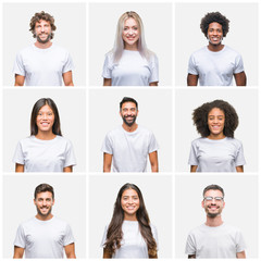Collage of group of people wearing casual white t-shirt over isolated background with a happy and...