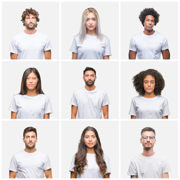 Collage Of Group Of People Wearing Casual White T-shirt Over Isolated Background With Serious Expression On Face. Simple And Natural Looking At The Camera.