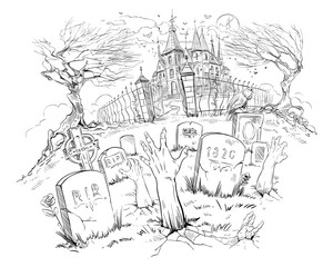 Halloween illustration. Old castle, hands of zombies on the background of the cemetery. Hand drawn vector picture.