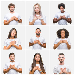 Collage of group of people wearing casual white t-shirt over isolated background smiling with hands...
