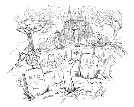 Halloween illustration. Old castle, hands of zombies on the background of the cemetery. Hand drawn vector picture.
