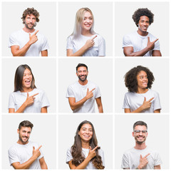 Fototapeta na wymiar Collage of group of people wearing casual white t-shirt over isolated background cheerful with a smile of face pointing with hand and finger up to the side with happy and natural expression on face