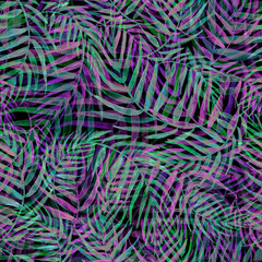 Seamless watercolor pattern, background. Palm leaf background, postcard. pink, green, purple tropical palm leaf. Illustration for design wedding invitations, greeting cards, postcards. 