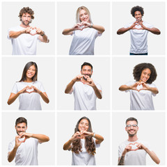 Collage of group of people wearing casual white t-shirt over isolated background smiling in love...