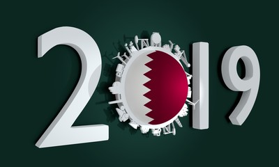 Circle with industry relative silhouettes. Objects located around the circle. Industrial design background. Flag of the Qatar. 3D rendering. 2019 year number
