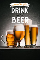 mugs of beer on grey background with "smart people drink good beer" inspiration