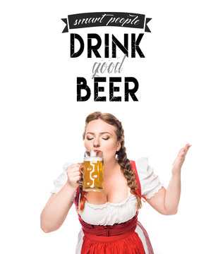 oktoberfest waitress in traditional bavarian dress drinking light beer isolated on white background with "smart people drink good beer" inspiration