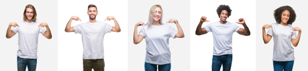 Collage of group of young people wearing white t-shirt over isolated background looking confident with smile on face, pointing oneself with fingers proud and happy.