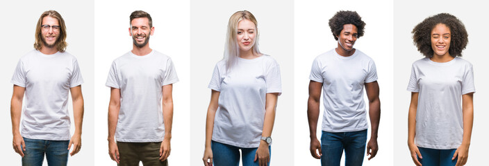 Collage of group of young people wearing white t-shirt over isolated background winking looking at...