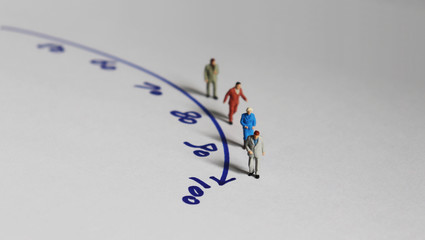 Miniature people and the concept of an aging society. - obrazy, fototapety, plakaty