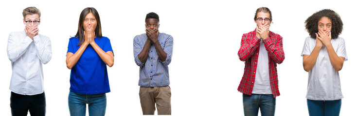 Collage of group of young asian, caucasian, african american people over isolated background shocked covering mouth with hands for mistake. Secret concept.