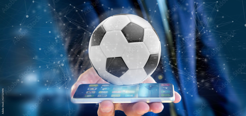 Poster man holding a football ball and connection isolated 3d rendering