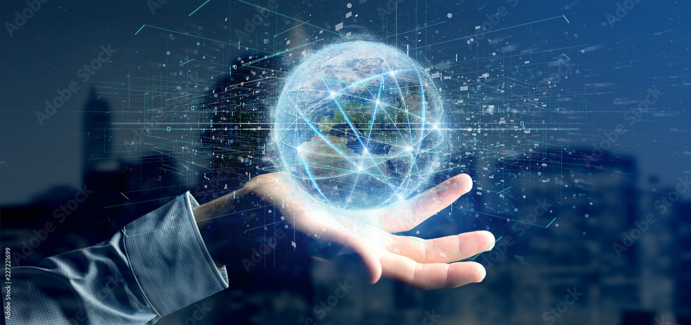 Poster man holding connection around a world globe isolated 3d rendering
